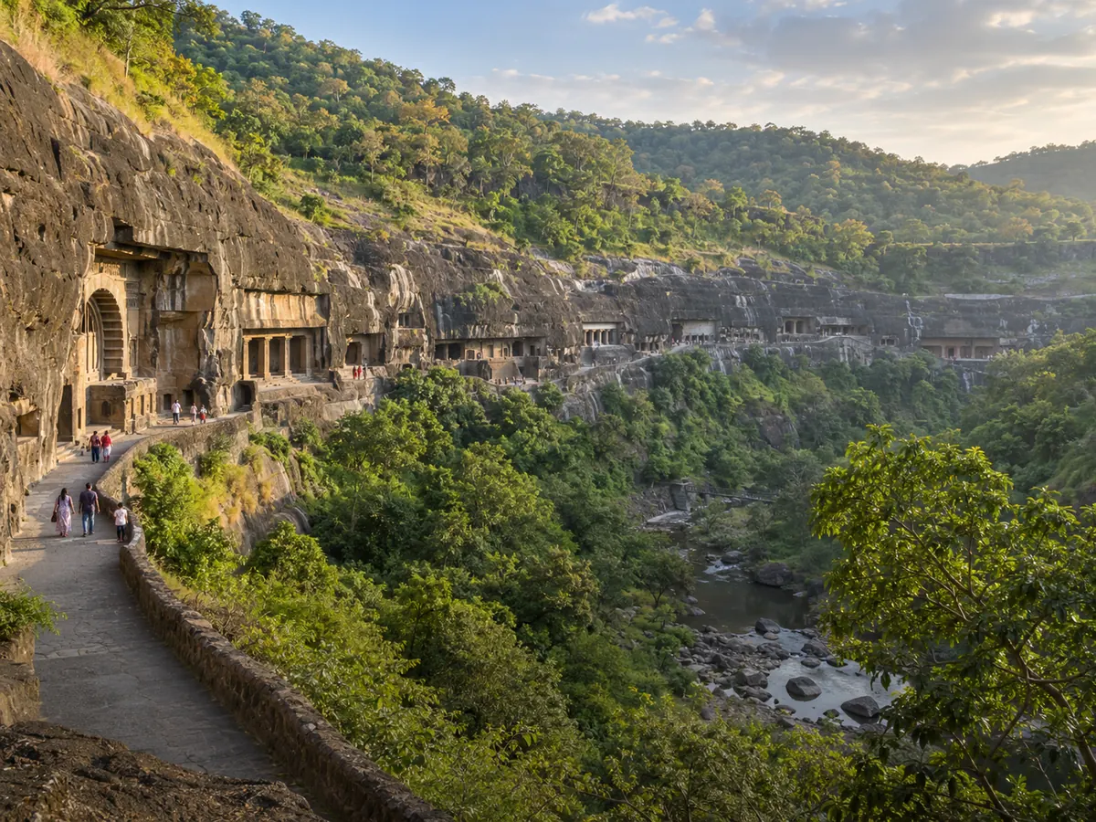 Ajanta Caves horseshoe cliff path overlooking the Waghora river
