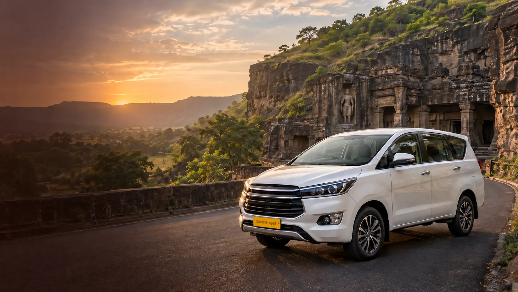 Private Innova Crysta taxi near Ellora Caves at sunset