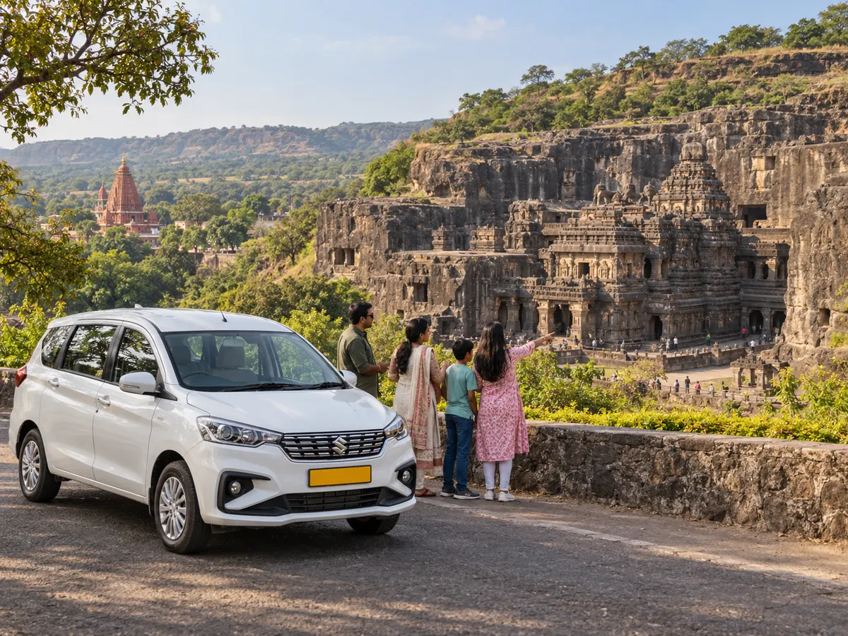 Family with private Ertiga at Ellora, Grishneshwar temple visible below