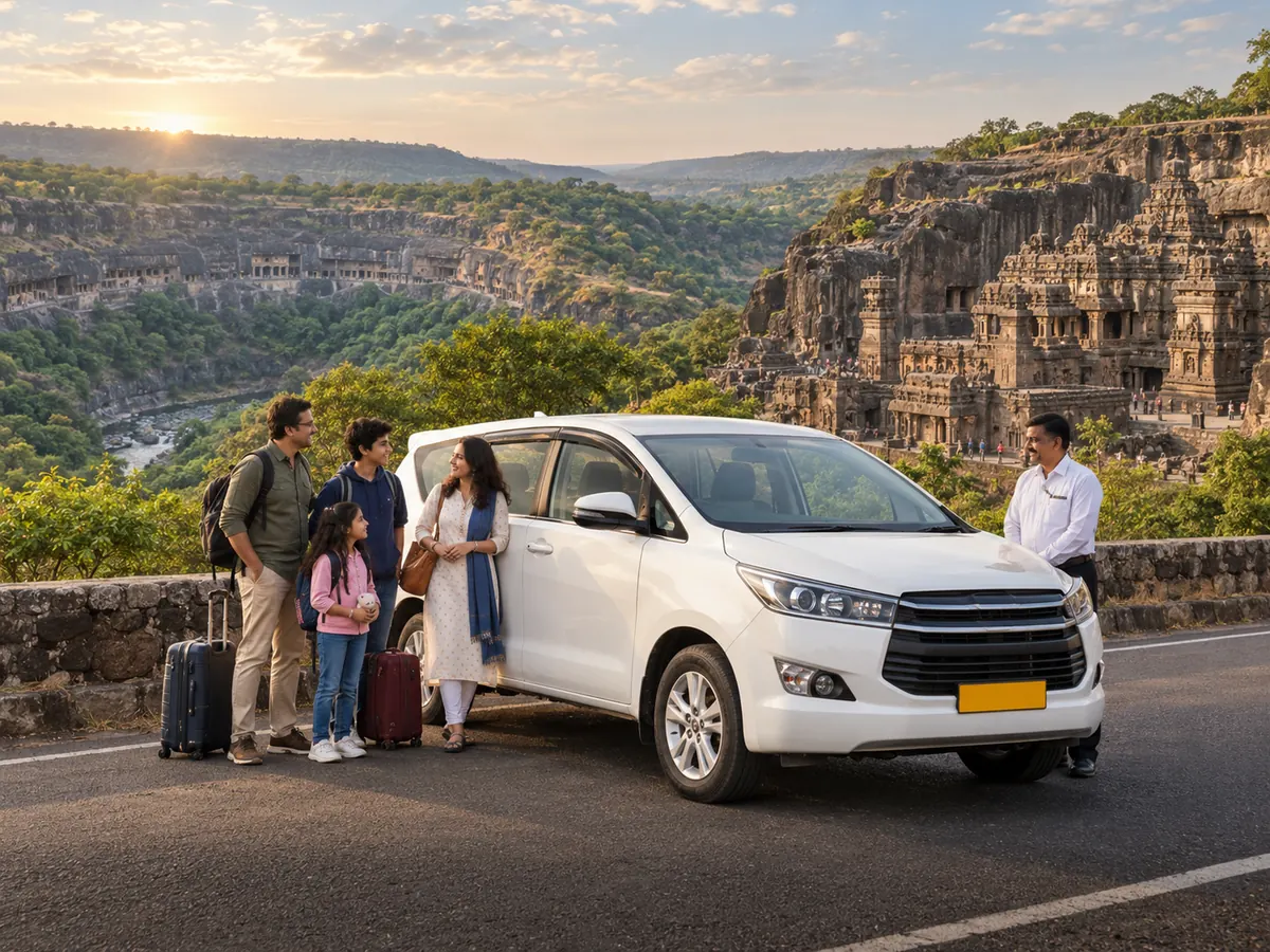 Family with luggage and driver beside private Innova at Ellora, sunset
