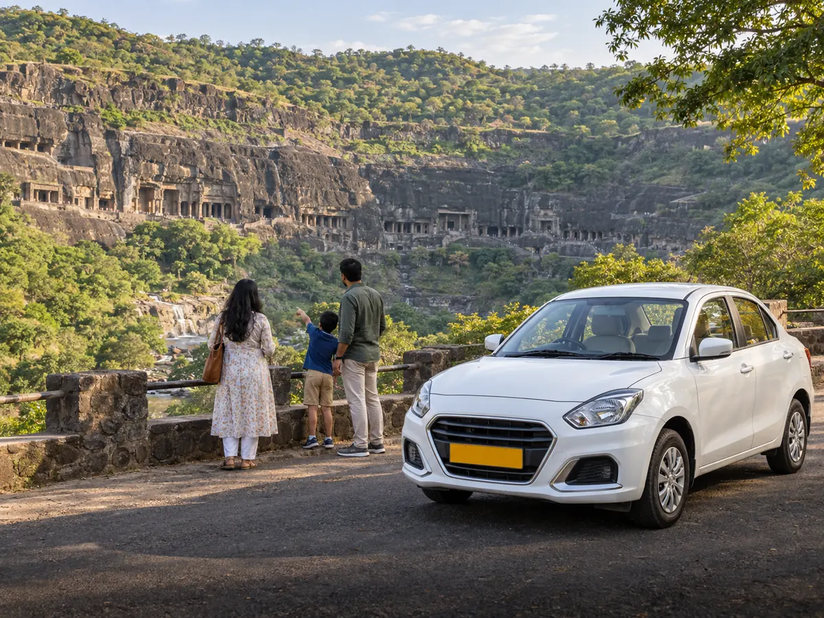 Family with private sedan overlooking Ellora Caves