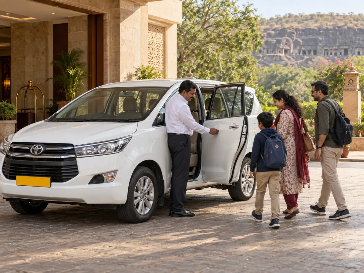 Driver welcoming family for private car pickup